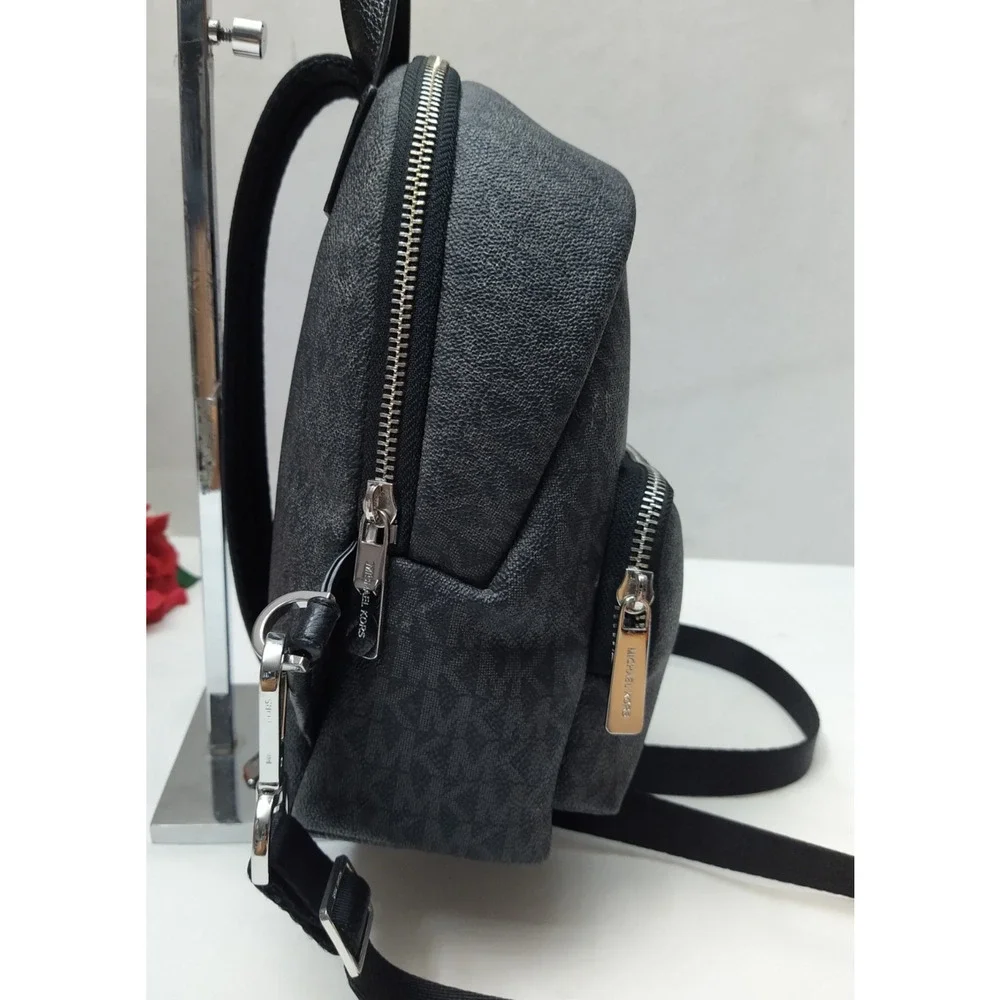 Michael Kors Black Leather MK Printed Zipper Closure Top Handles Backpack